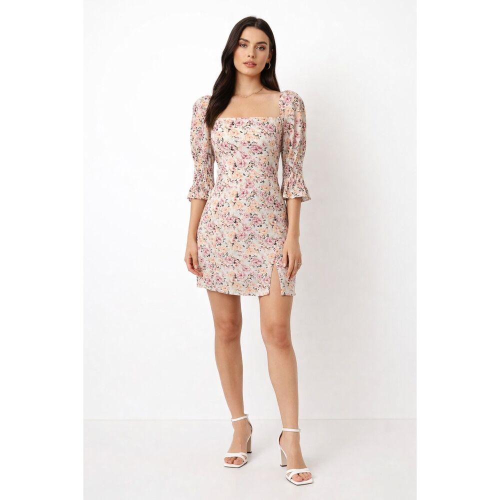 Mi Ami Dress Women's Size M White Pink Floral Square Neck Casual Bohemian